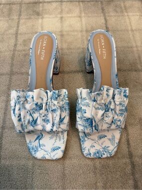 Antonio Melani x Born on Fifth Amy Blue Toile Ruffle Block Heel sandals